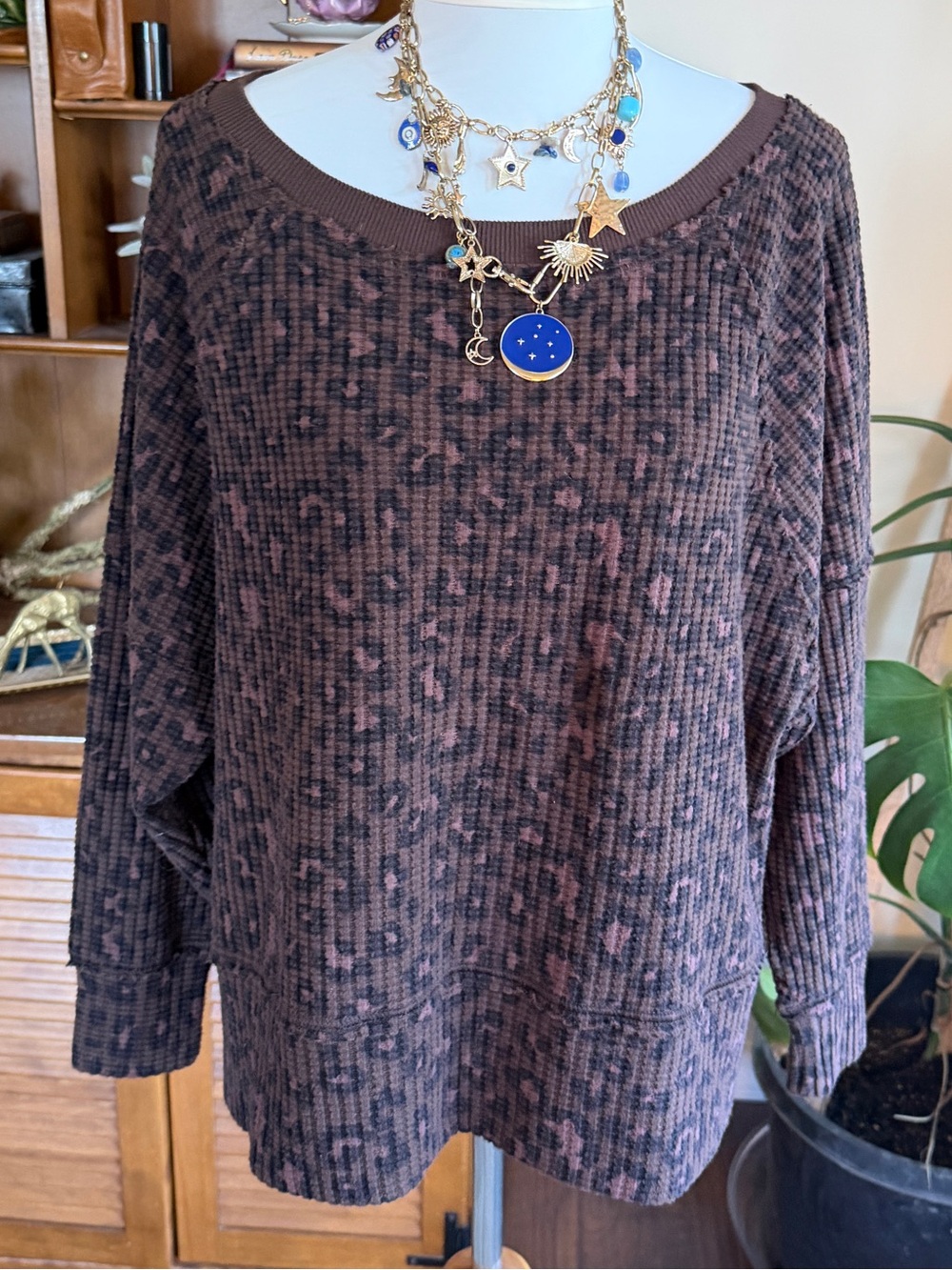 American Eagle Big Hug Brown Leopard Print Waffle Knit Oversized Sweatshirt XS